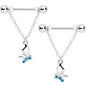 14 Gauge 5/8 Aqua Gem Hollow Butterfly Chain Dangle Nipple Ring Set