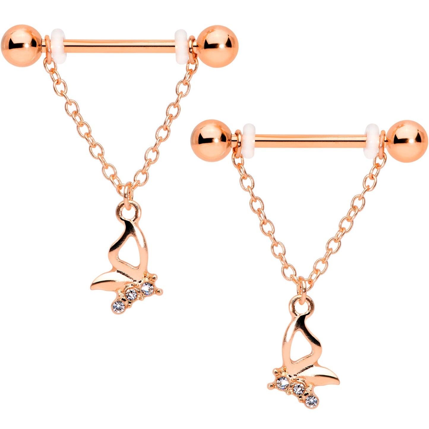 14 Gauge 5/8 Clear Gem Rose Gold Hue Butterfly Dangle Nipple Ring Set