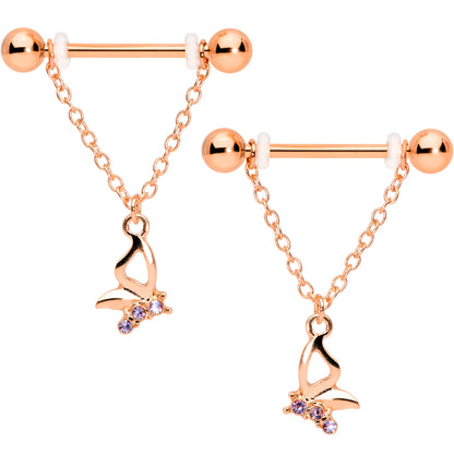 14 Gauge 5/8 Purple Gem Rose Gold Hue Butterfly Dangle Nipple Ring Set