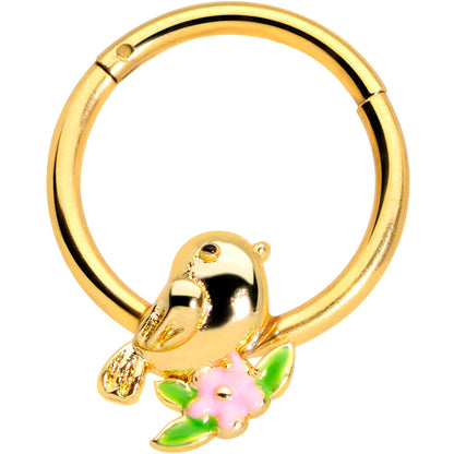 16 Gauge 3/8 Gold Tone Bird Pink Flower Hinged Segment Ring