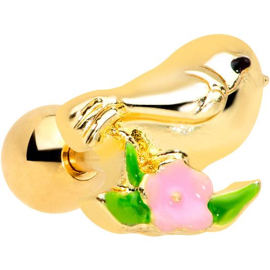 16 Gauge 1/4 Gold Tone Bird Pink Flower Cartilage Tragus