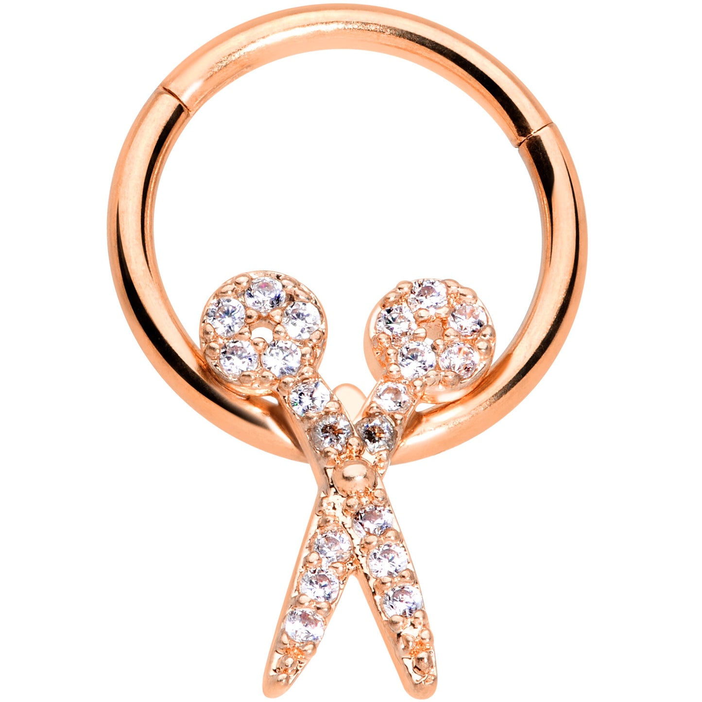 16 Gauge 3/8 Clear CZ Gem Rose Gold Tone Scissors Hinged Segment Ring