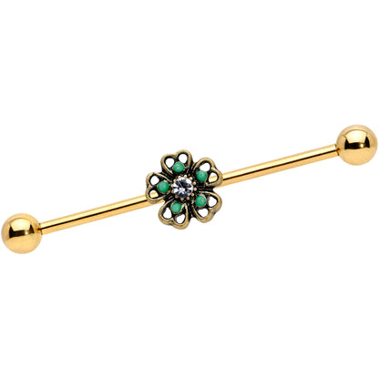 14 Gauge Gold Tone Green Flower St Patricks Industrial Barbell 38mm