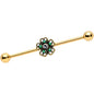 14 Gauge Gold Tone Green Flower St Patricks Industrial Barbell 38mm