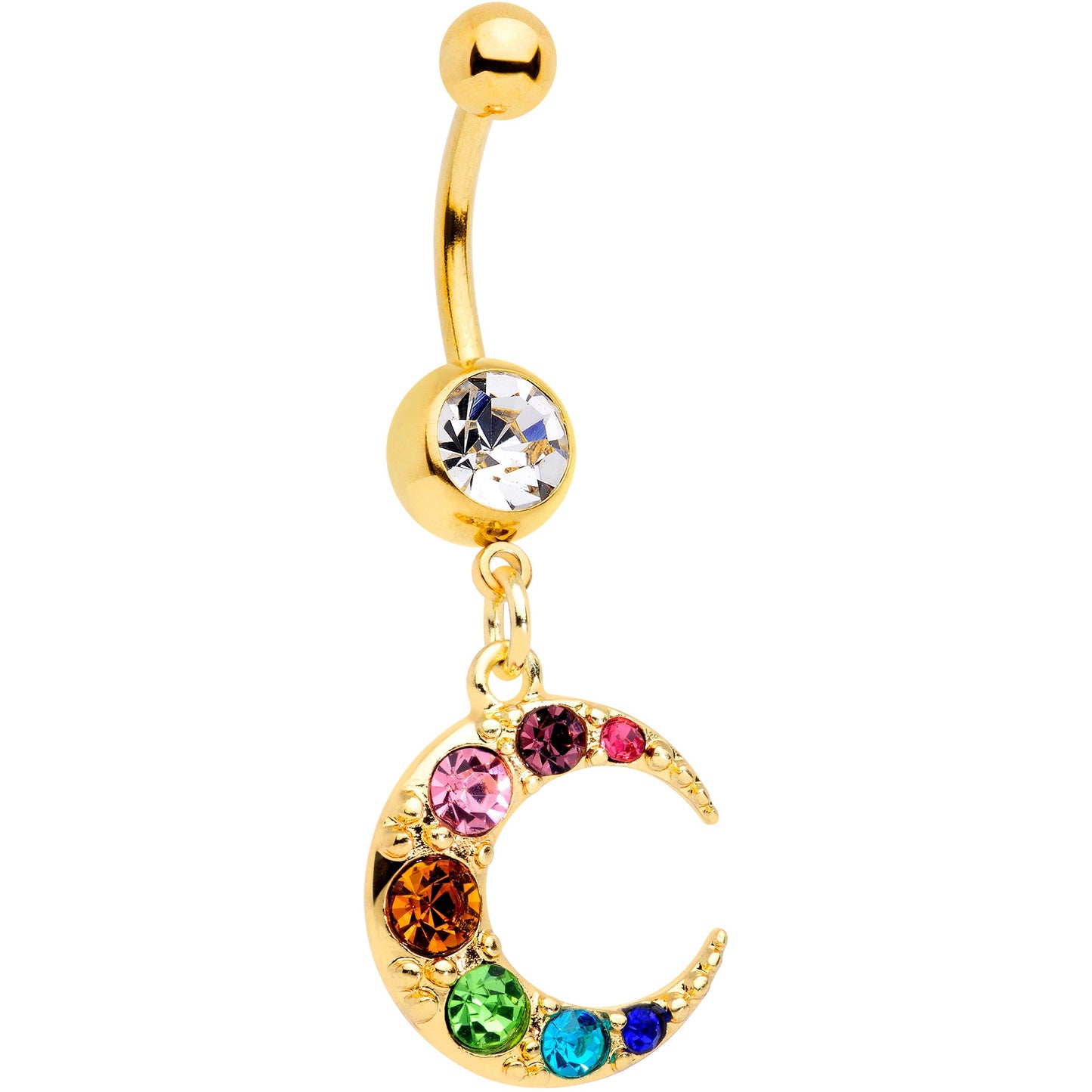 Rainbow Gem Gold Tone Crescent Moon Dangle Belly Ring