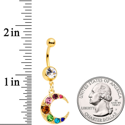 Rainbow Gem Gold Tone Crescent Moon Dangle Belly Ring