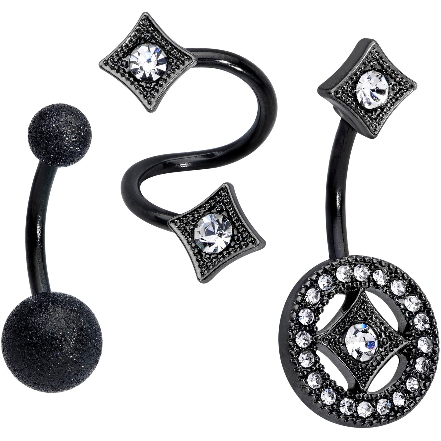 Clear Gem Black Sandblasted Spiral Circle Belly Ring Set of 3