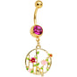 Pink Gem Gold Tone Floral Circle Dangle Belly Ring
