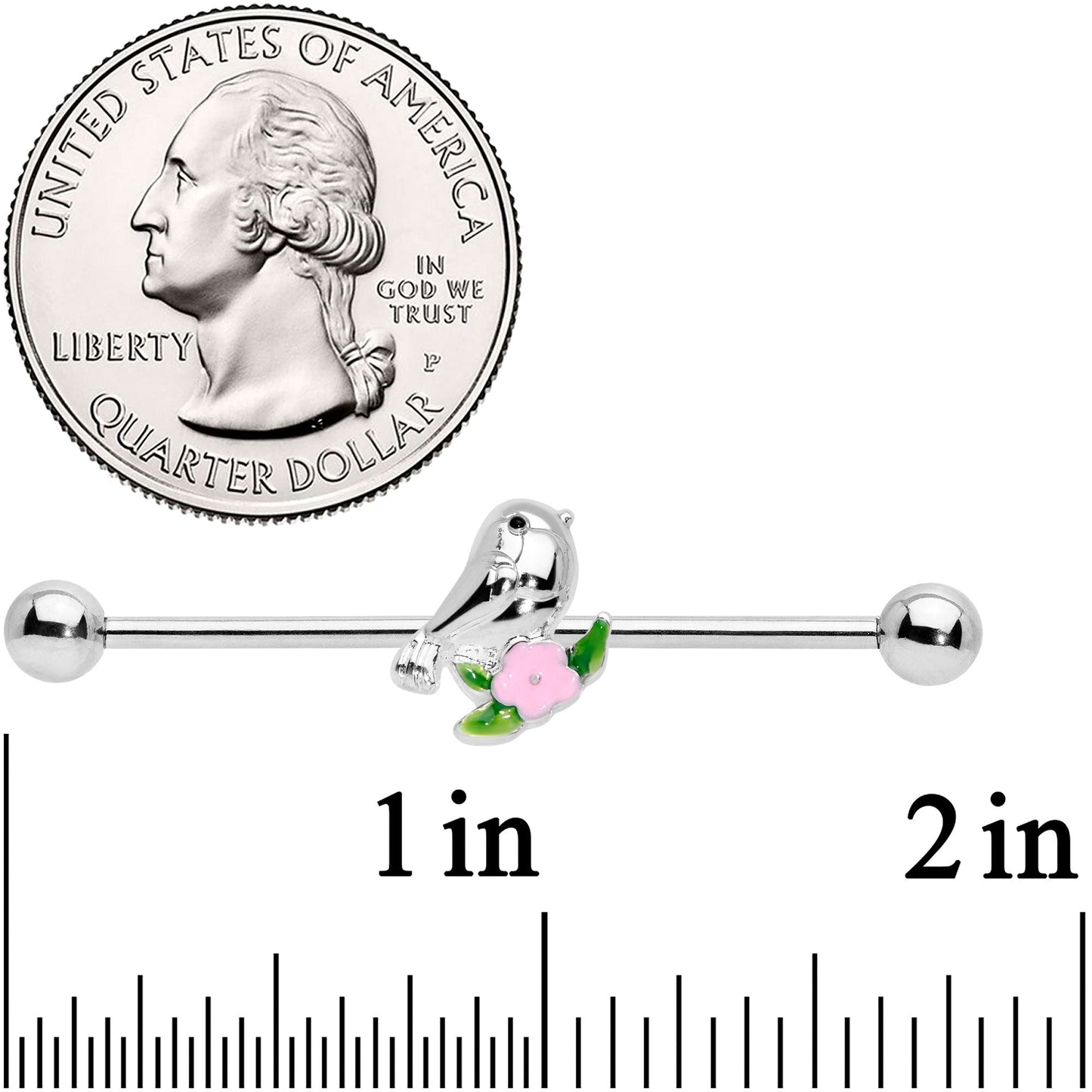 14 Gauge Bird Pink Flower Industrial Barbell 38mm