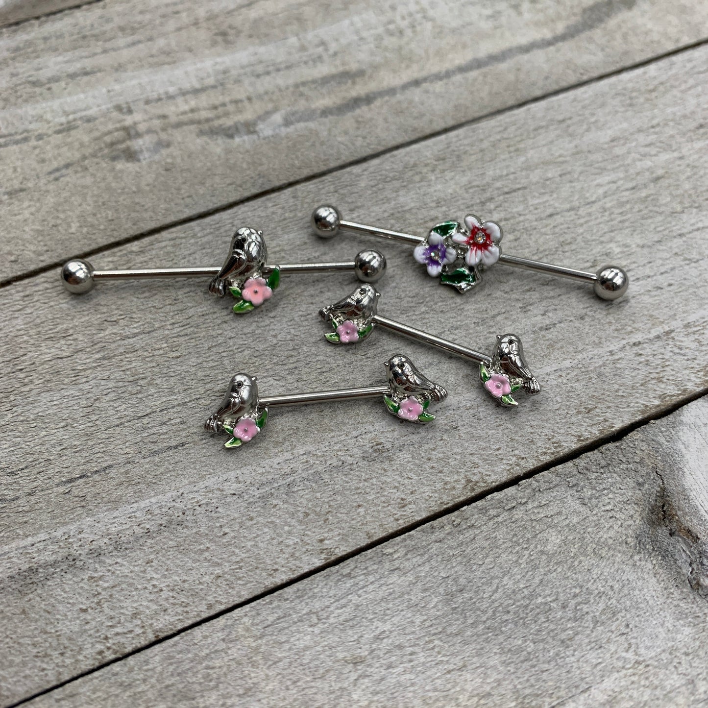 14 Gauge Bird Pink Flower Industrial Barbell 38mm