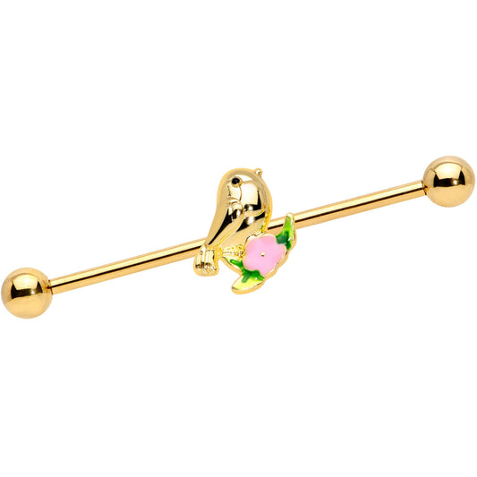 14 Gauge Gold Tone Bird Pink Flower Industrial Barbell 38mm