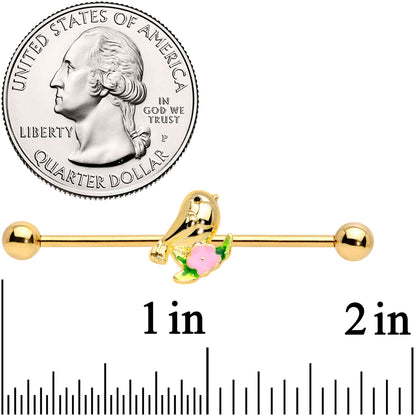 14 Gauge Gold Tone Bird Pink Flower Industrial Barbell 38mm