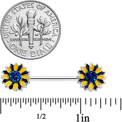 14 Gauge 5/8 Blue Faux Druzy Yellow Sunflower Barbell Nipple Ring Set