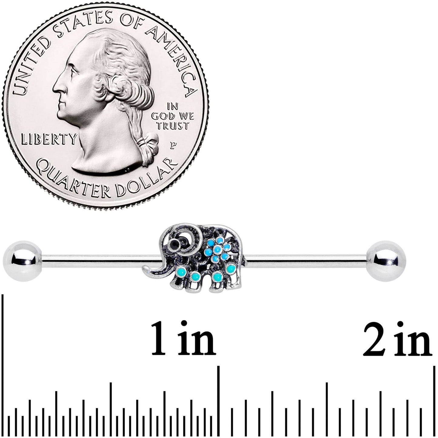 14 Gauge Aqua Orb Curvy Elephant Industrial Barbell 38mm