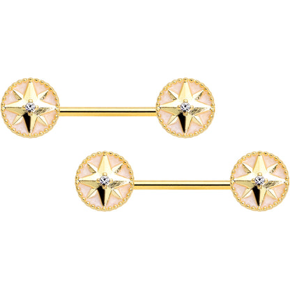 14 Gauge 5/8 Clear Gem Gold Tone Sailors Compass Barbell Nipple Ring Set