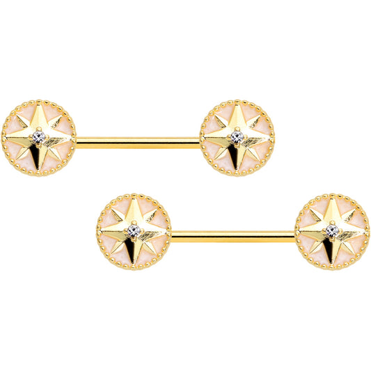 14 Gauge 5/8 Clear Gem Gold Tone Sailors Compass Barbell Nipple Ring Set