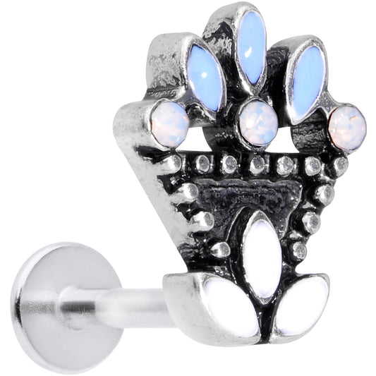 16 Gauge 1/4 White Blue Faux Opal Ornate Labret Monroe Tragus