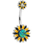 Clear Gem Blue Faux Druzy Yellow Sunflower Double Mount Belly Ring