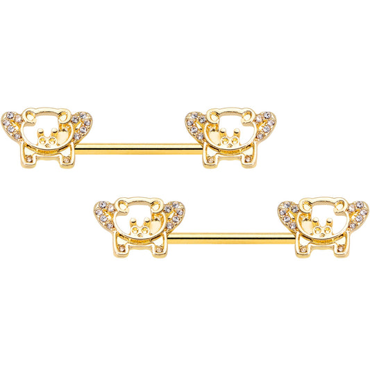 14 Gauge 9/16 Clear Gem Gold Tone Flying Pig Barbell Nipple Ring Set