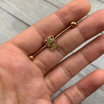 14 Gauge Green Gem Rose Gold Tone Royal Frog Industrial Barbell 38mm