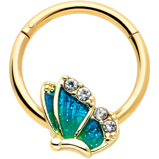 16 Gauge 3/8 Clear Gem Gold Tone Blues Butterfly Hinged Segment Ring