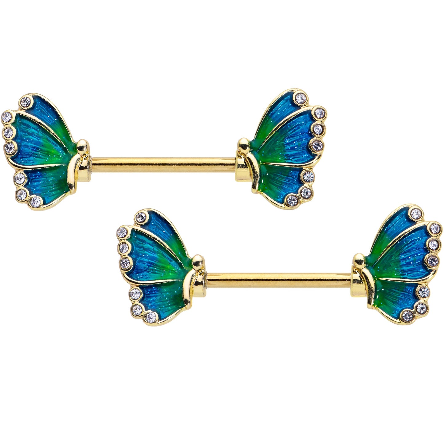 14 Gauge 9/16 Clear Gem Gold Tone Blues Butterfly Nipple Ring Set