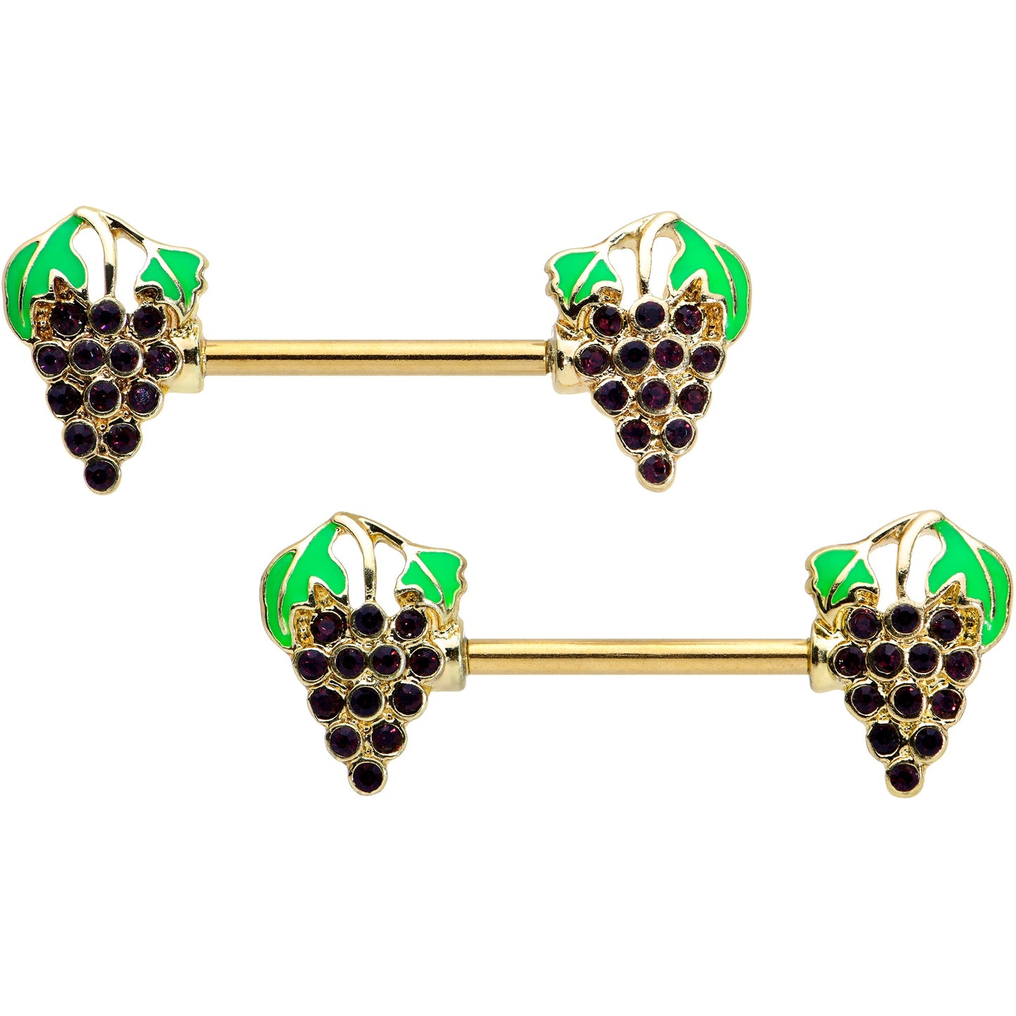 14 Gauge 9/16 Gold Tone Delicious Grapes Fruit Barbell Nipple Ring Set