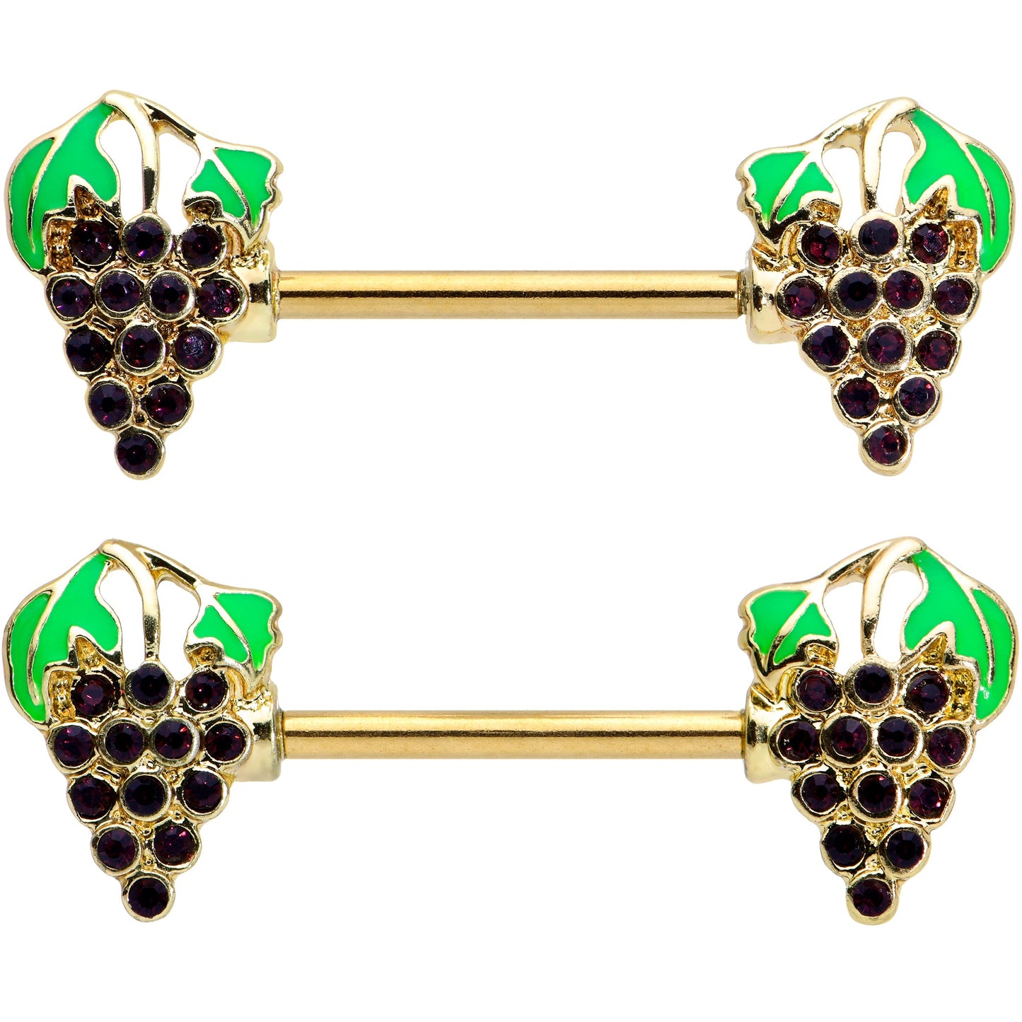 14 Gauge 9/16 Gold Tone Delicious Grapes Fruit Barbell Nipple Ring Set