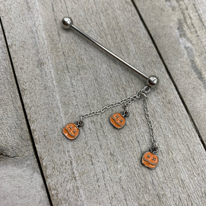 14 Gauge Halloween Pumpkin Chain Dangle Industrial Barbell 38mm