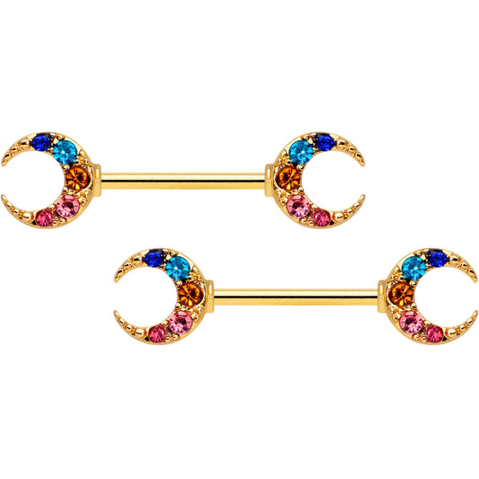 14 Gauge 9/16 Rainbow Gem Gold Tone Moon Barbell Nipple Ring Set