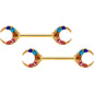 14 Gauge 9/16 Rainbow Gem Gold Tone Moon Barbell Nipple Ring Set