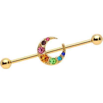 14 Gauge Rainbow Gem Gold Tone Crescent Moon Industrial Barbell 38mm