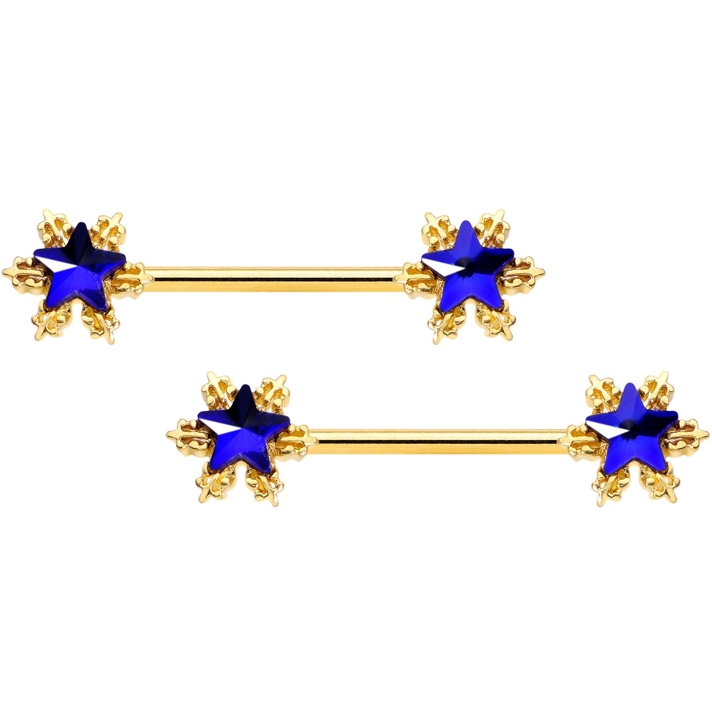 14 Gauge 9/16 Blue Gem Gold Tone Stars Barbell Nipple Ring Set