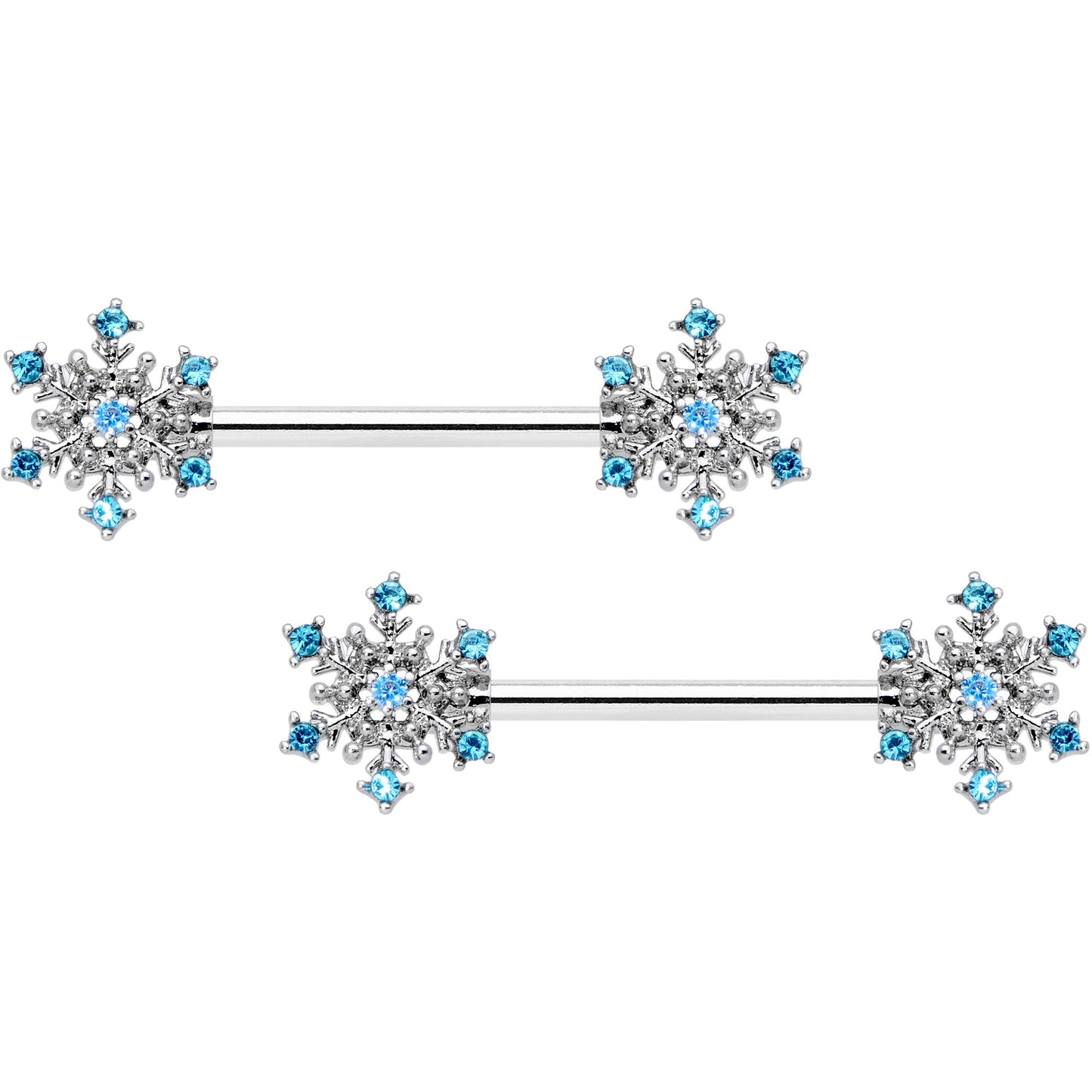 14 Gauge 9/16 Aqua Gem Snowflake Christmas Barbell Nipple Ring Set