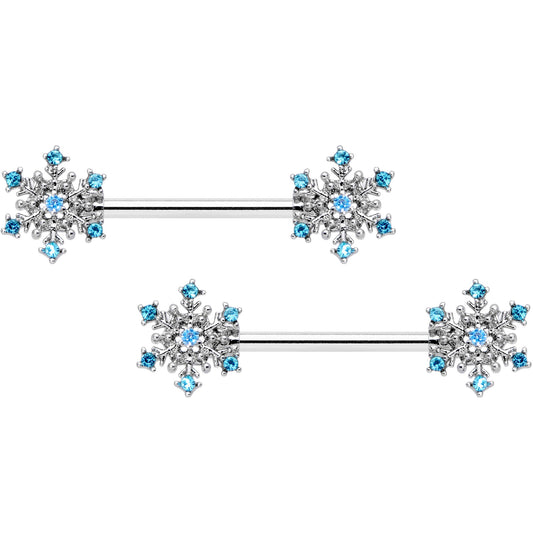 14 Gauge 9/16 Aqua Gem Snowflake Christmas Barbell Nipple Ring Set