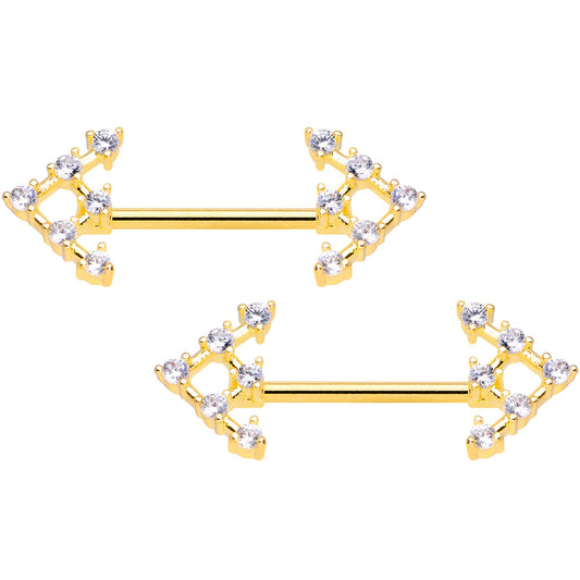 14 Gauge 9/16 Clear Gem Gold Tone Arrow Barbell Nipple Ring Set