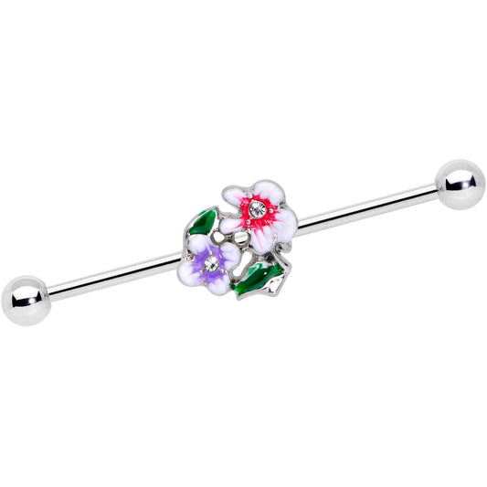 14 Gauge Clear Gem Fanciful Flowers Industrial Barbell 38mm