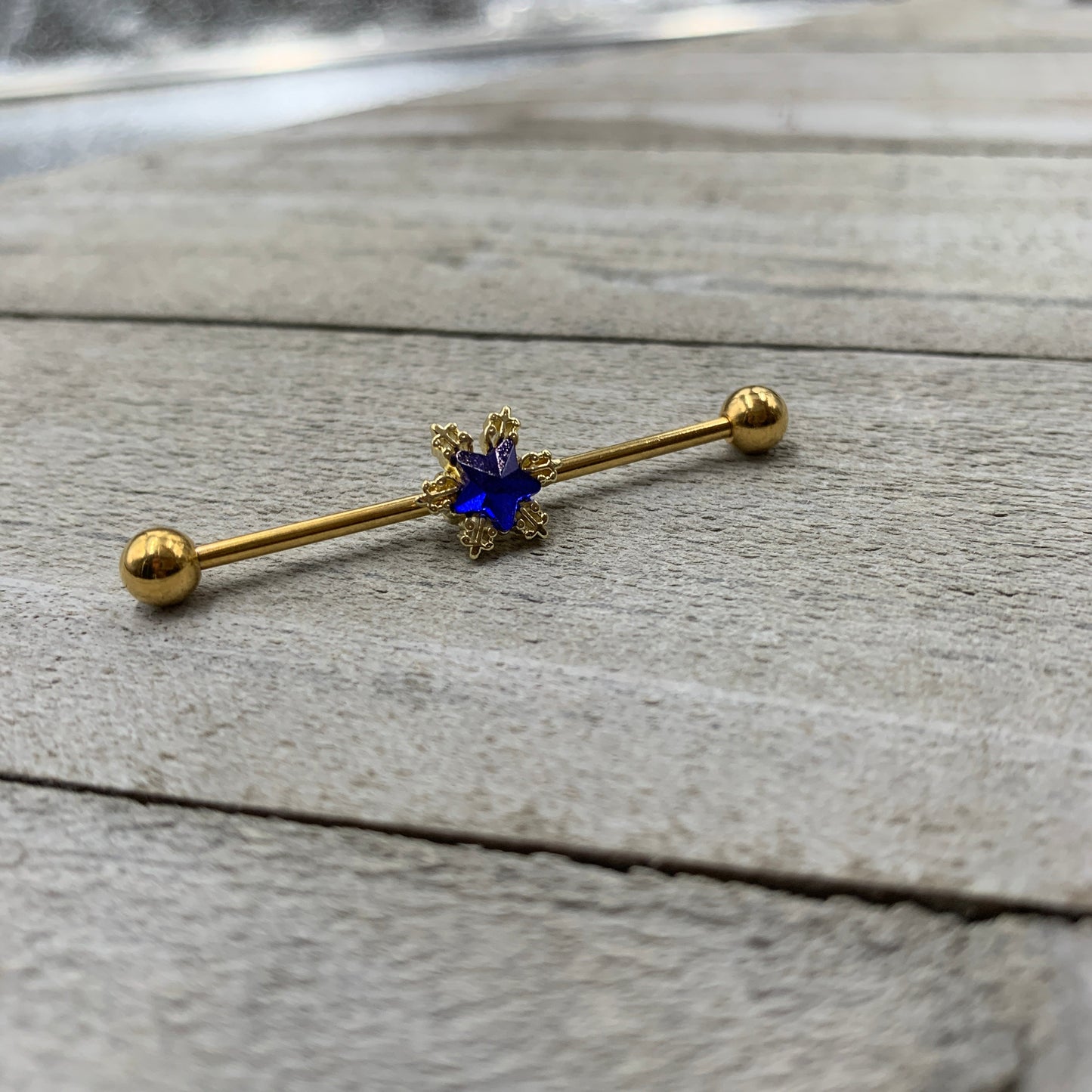 14 Gauge Blue Gem Gold Tone Star Industrial Barbell 38mm