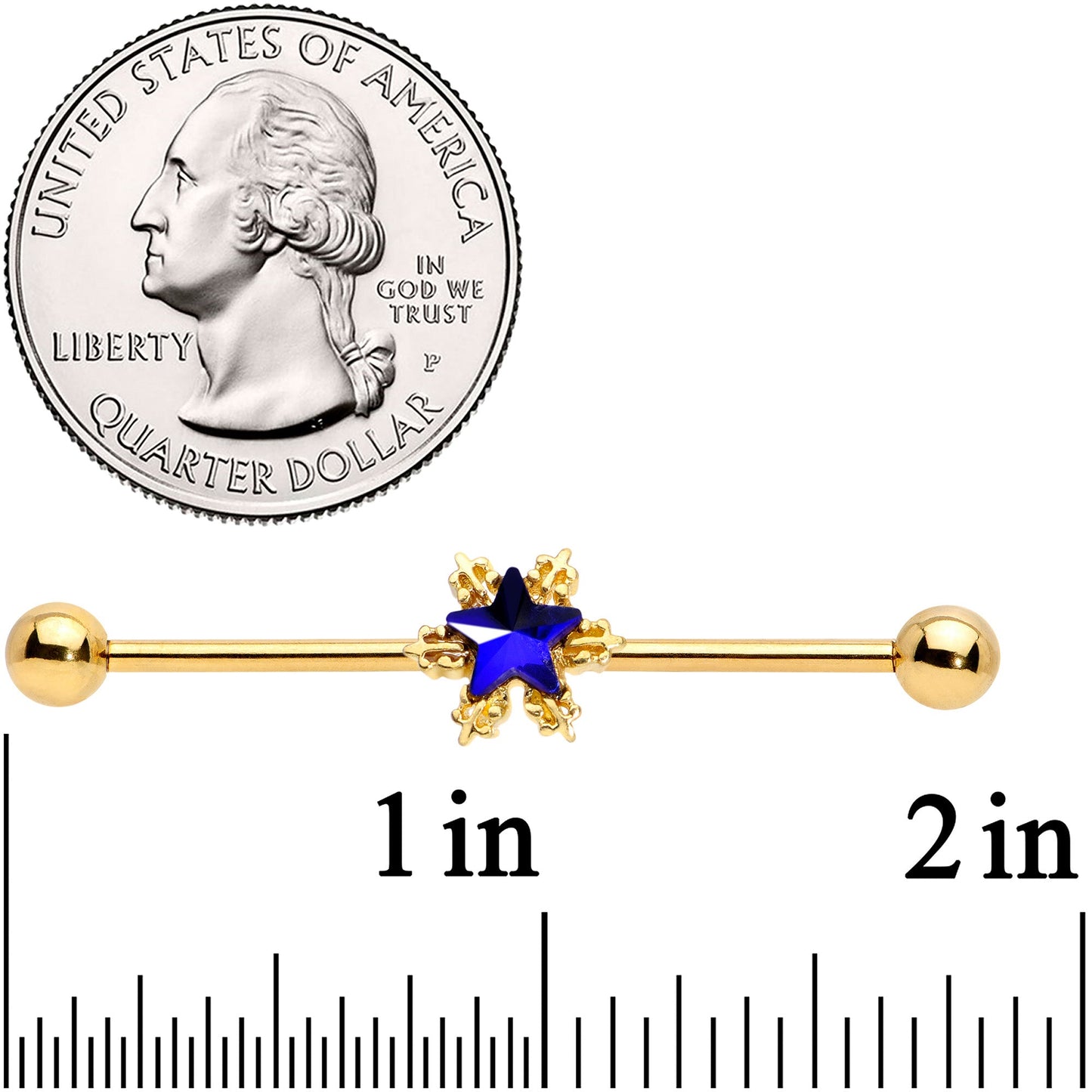 14 Gauge Blue Gem Gold Tone Star Industrial Barbell 38mm