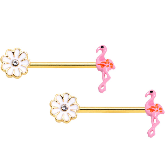 14 Gauge 5/8 Clear Gem Gold Tone Flower Flamingo Nipple Ring Set