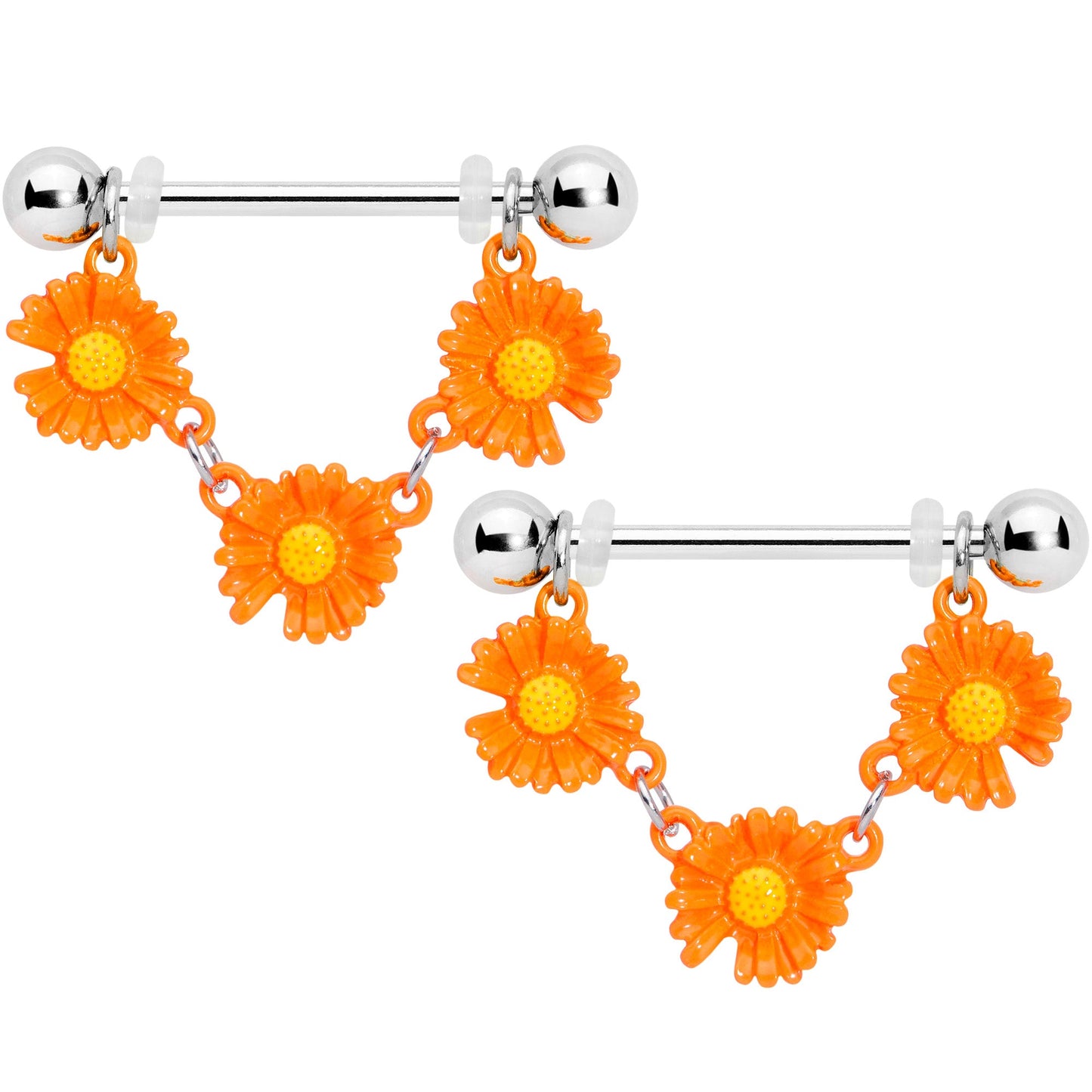 14 Gauge 13/16 Orange Daisy Chain Dangle Nipple Ring Set