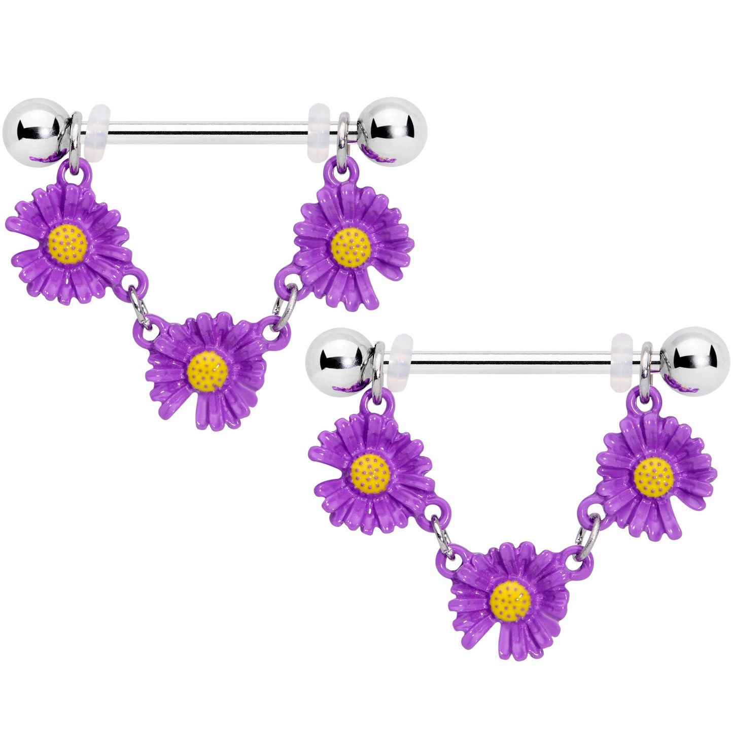 14 Gauge 13/16 Purple Daisy Chain Dangle Nipple Ring Set