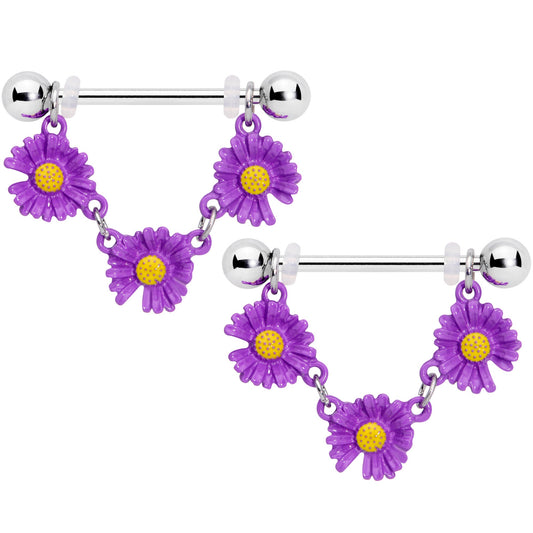 14 Gauge 13/16 Purple Daisy Chain Dangle Nipple Ring Set