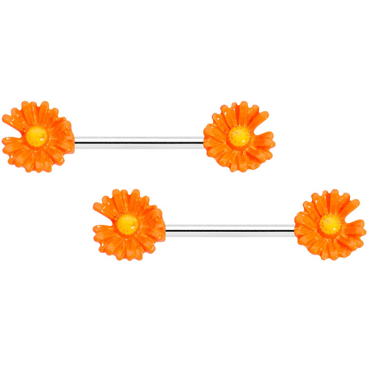 14 Gauge 5/8 Orange Flower Barbell Nipple Ring Set