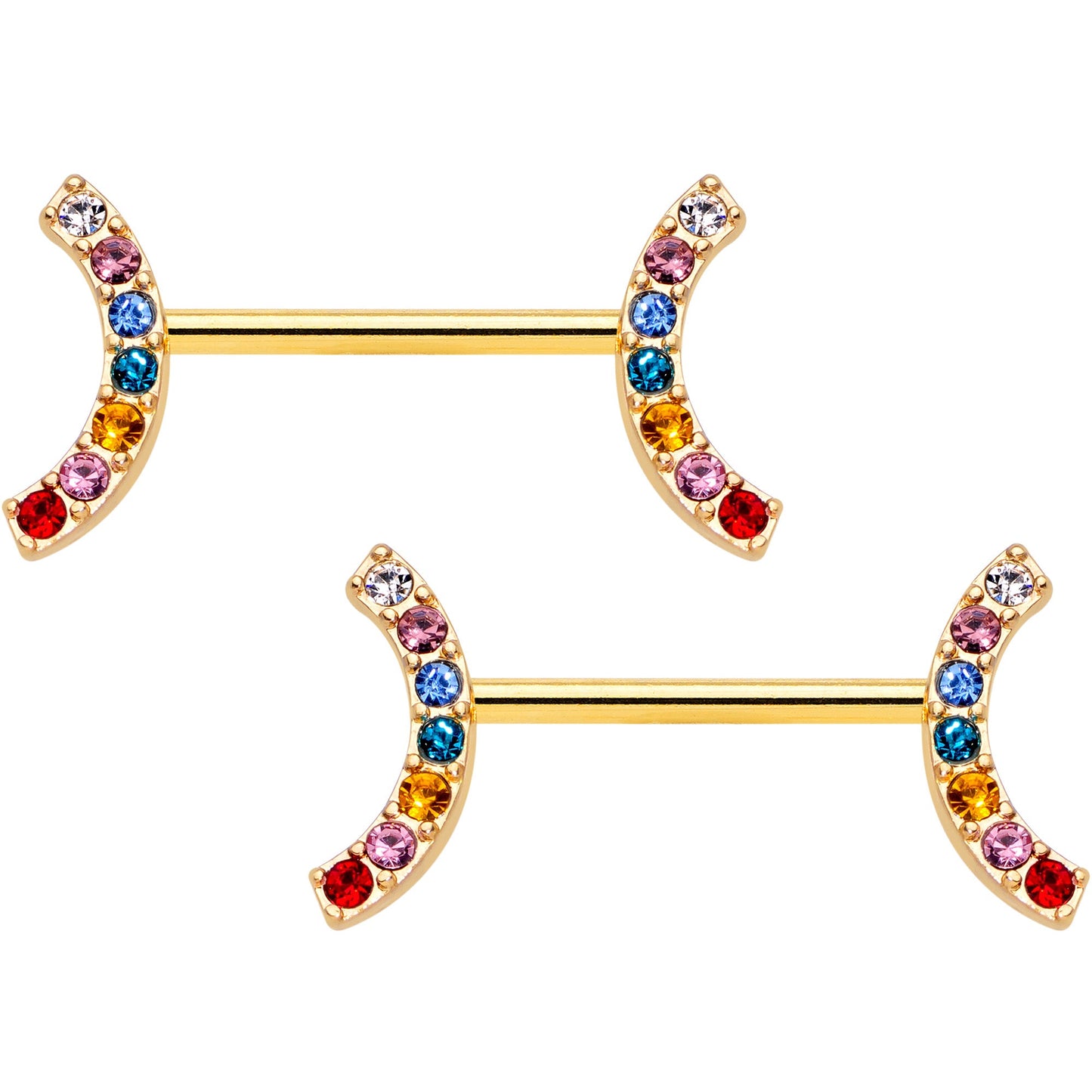 14 Gauge 9/16 Red Blue Gem Gold Tone Rainbow Arc Nipple Ring Set