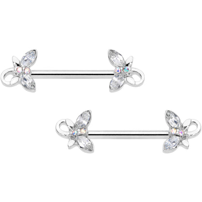 14 Gauge 1/2 Clear Aurora Gem Loop Butterfly Barbell Nipple Ring Set