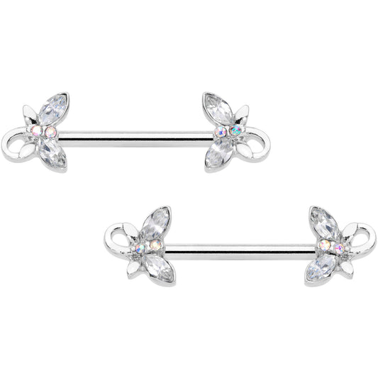 14 Gauge 1/2 Clear Aurora Gem Loop Butterfly Barbell Nipple Ring Set