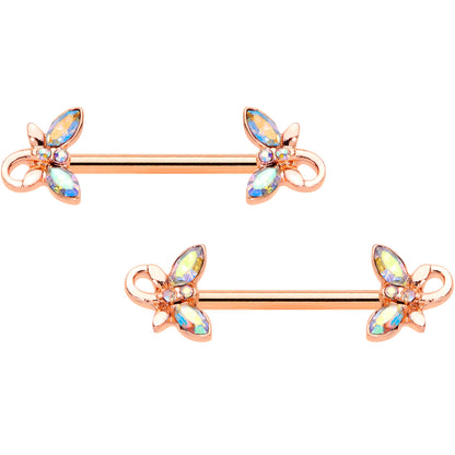 14 Gauge 1/2 Aurora Gem Rose Gold Tone Loop Butterfly Nipple Ring Set