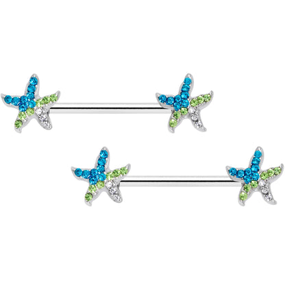 14 Gauge 9/16 Blue Green Gem Glam Starfish Barbell Nipple Ring Set