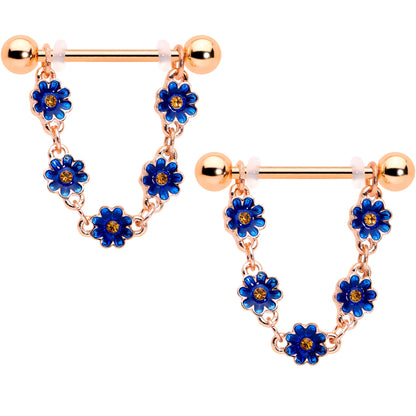 14 Gauge 9/16 Yellow Gem Rose Gold Tone Blue Flower Dangle Nipple Set